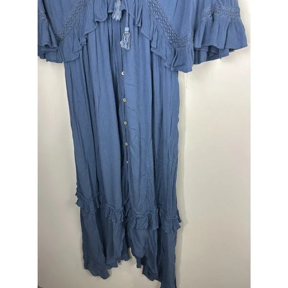 Free People Paradiso HiLo Maxi Dress Ruffle Blue Boho Folklore Oversized Medium - Picture 7 of 16